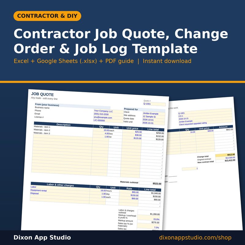 Contractor Job Quote, Change Order & Job Log Template preview