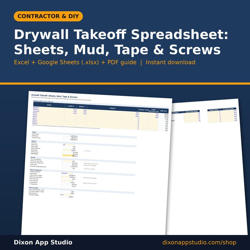 Drywall Takeoff Spreadsheet: Sheets, Mud, Tape & Screws preview