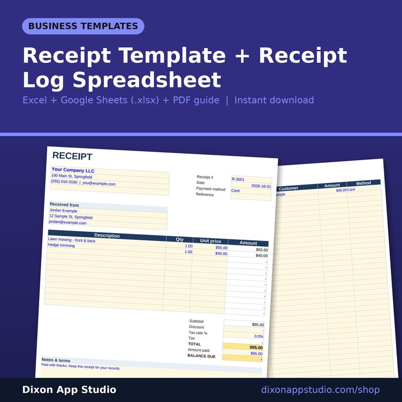 Receipt Template + Receipt Log Spreadsheet preview