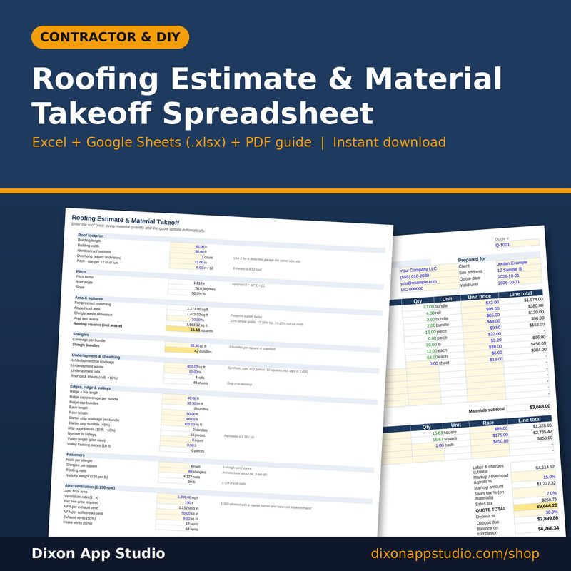 Roofing Estimate & Material Takeoff Spreadsheet preview