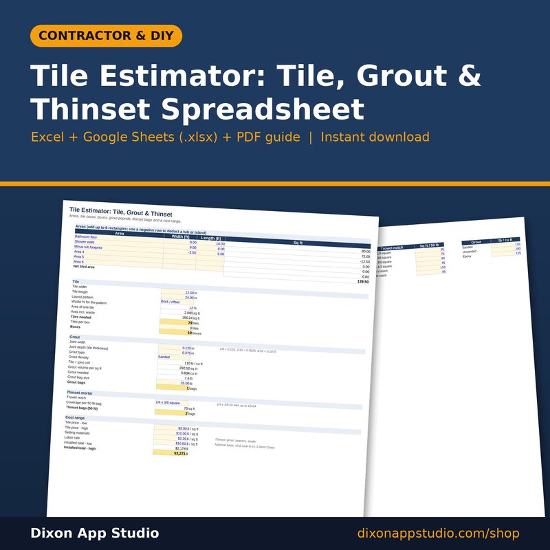 Tile Estimator: Tile, Grout & Thinset Spreadsheet preview