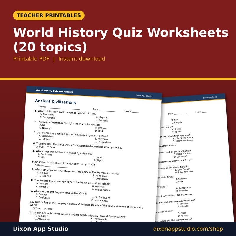 World History Quiz Worksheets (20 topics) preview